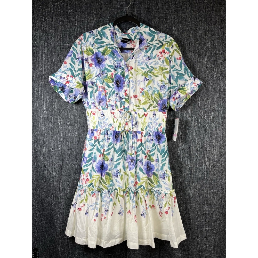 NWT MAISON TARA Sz 10 Dress Watercolor Floral Fit Flare Tiered Bow Button Up New